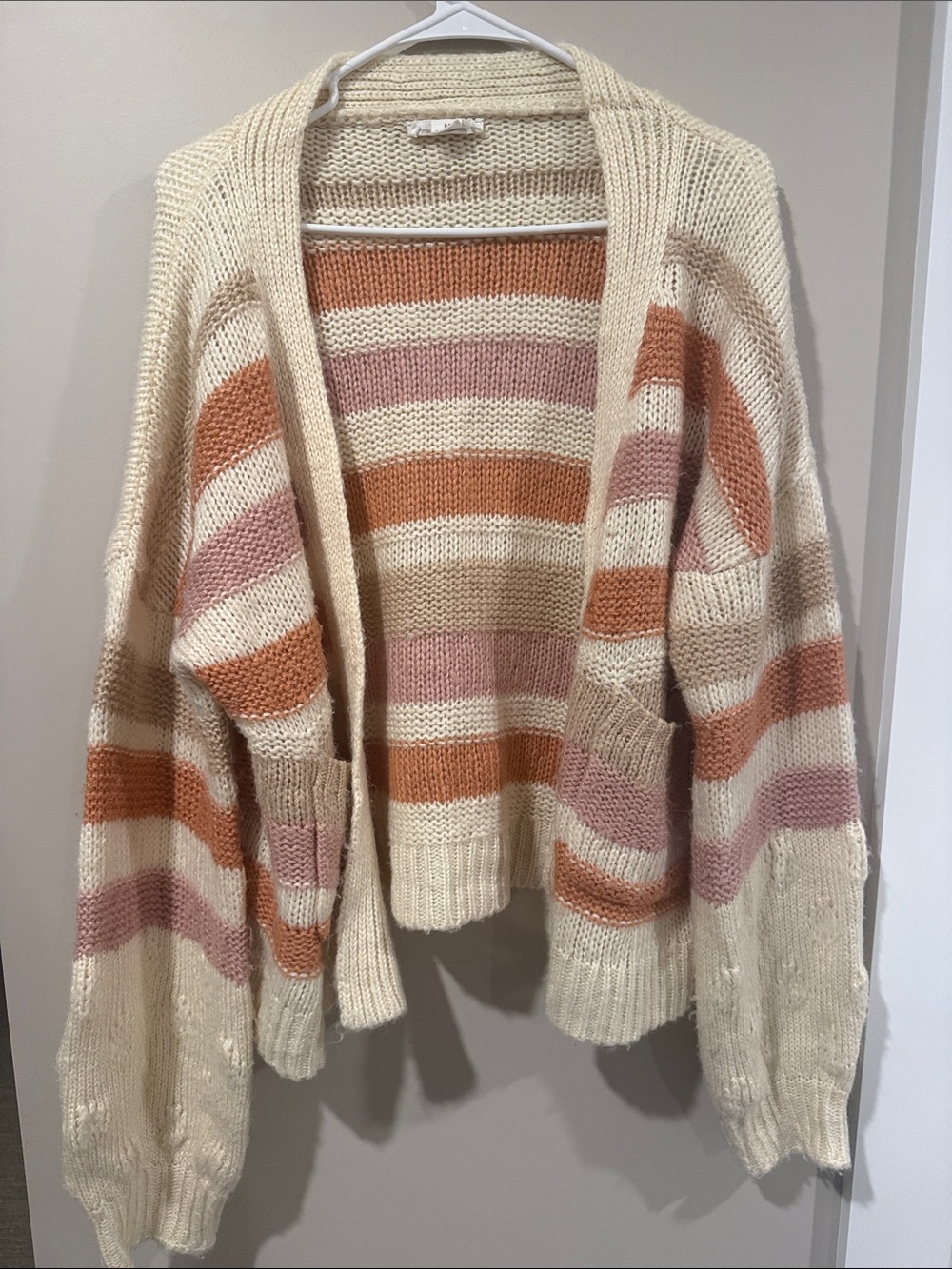 Love Riche Open-Front Striped Cardigan in Cream, Pink & Rust
